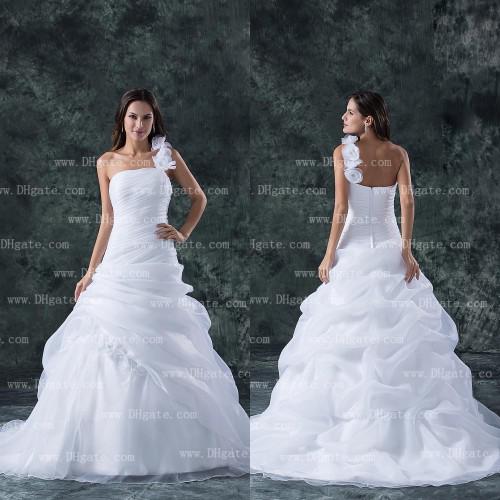 2015 New Arrival One Shoulder Flower Ball Gown White Organza Wedding Dress Bridal Gown WD136