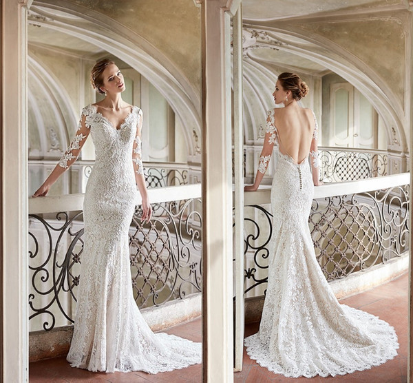 Romantic White Elegant Lace Mermaid Wedding Dresses Designer Sheer Long Sleeves Sexy Backless Bridal Gowns Custom Made