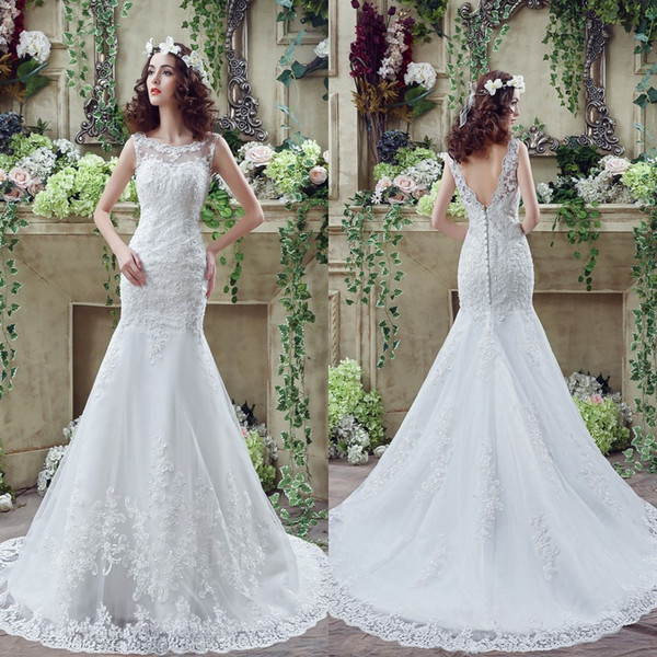 2017 Sheer Jewel Beaded Neckline Mermaid Wedding Dresses Appliqued beaded Zipper Back Floor Length Bridal Gowns CPS247