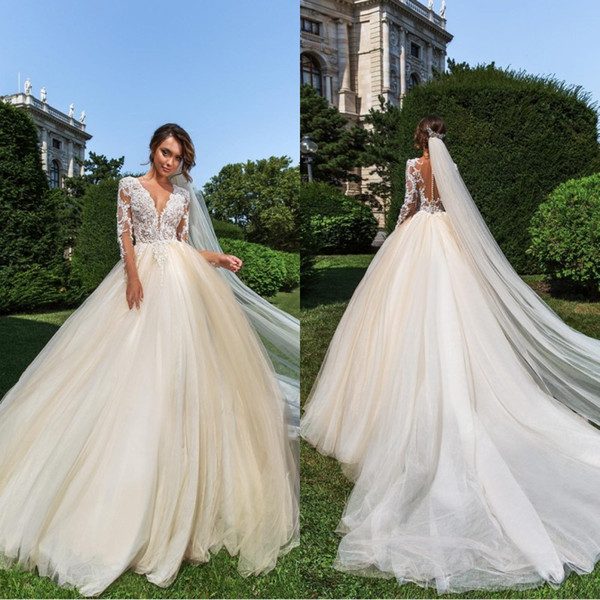 Crystal Design Sheer Jewel Neck Lace Ball Gown Wedding Dresses With Long Sleeves Champagne Plus Size Wedding Dress Bridal Gowns