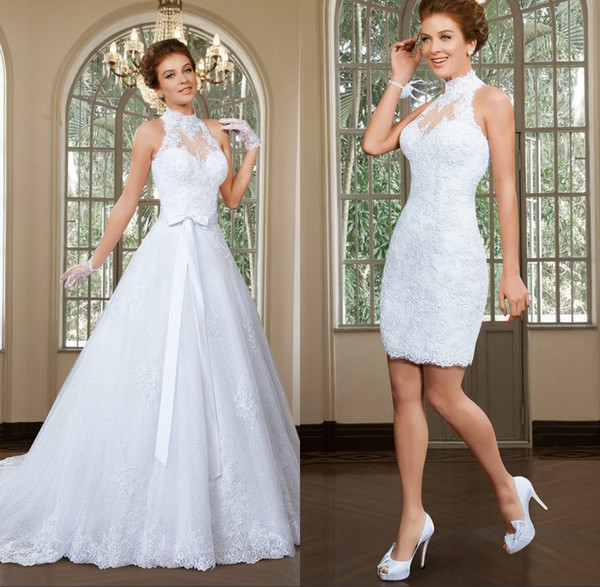 Fabulous High Collar Neckline 2 In 1 Wedding Dresses Applique Tulle Beaded Lace A-Line Bride Dress Vestido De Noiva