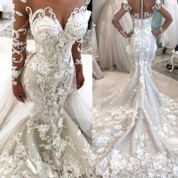 New Lace Mermaid Wedding Dresses Sheer Long Sleeves Tulle Lace Applique 3d Floral Court Train Wedding Bridal Gowns With Buttons BA9786