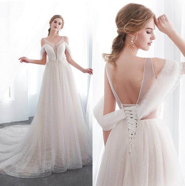 Sheer Mesh Top Lace A Line Wedding Dresses Elegant Ruched Tulle Beaded Feather Sweep Train Wedding Bridal Dresses CPS1004