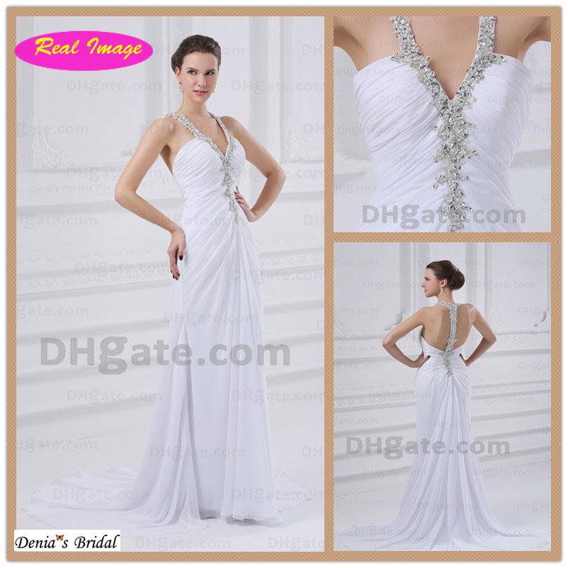 2015 Summer Beach Halter Wedding Dresses Beaded Lace Appliques Sweep Train Chiffon Bridal Gowns dhyz 01