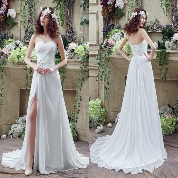 Chiffon Wedding Dresses A Line Sweetheart Thigh-High Slita Lace-up Back with Crystals Beads Summer Beach Bridal Gowns CPS238