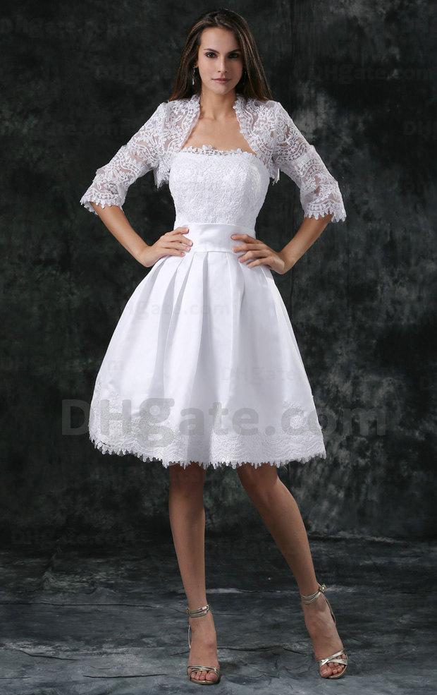 Wholesale! High Quality Lace Fabric Short Beaded Wedding Dress 2015 Bridal Gown With Jacket WD063