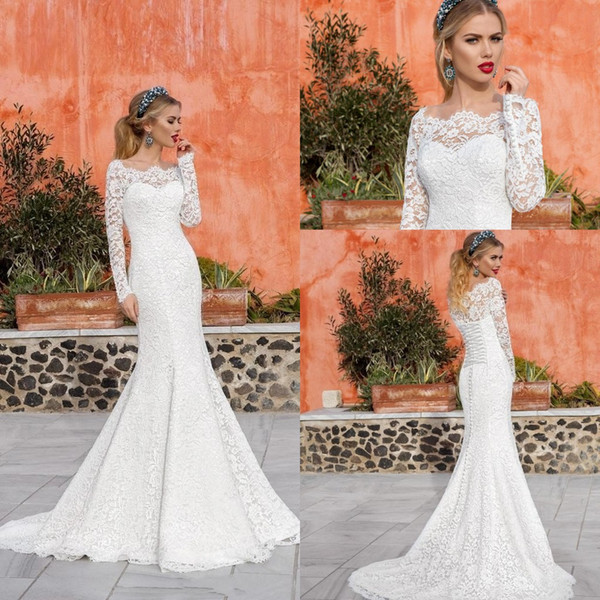 Romantic Full Lace Long Sleeves Wedding Dresses Mermaid Bateau Neck Sweep Train Lace-up Bridal Gowns with Sleeves Covered Buttons