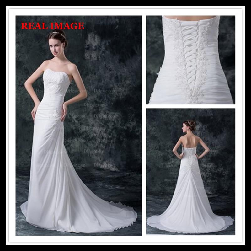 2015 Sexy A Line Strapless Pleated Wedding Dresses Chiffon Appliques Court Train Bridal Gowns HW027