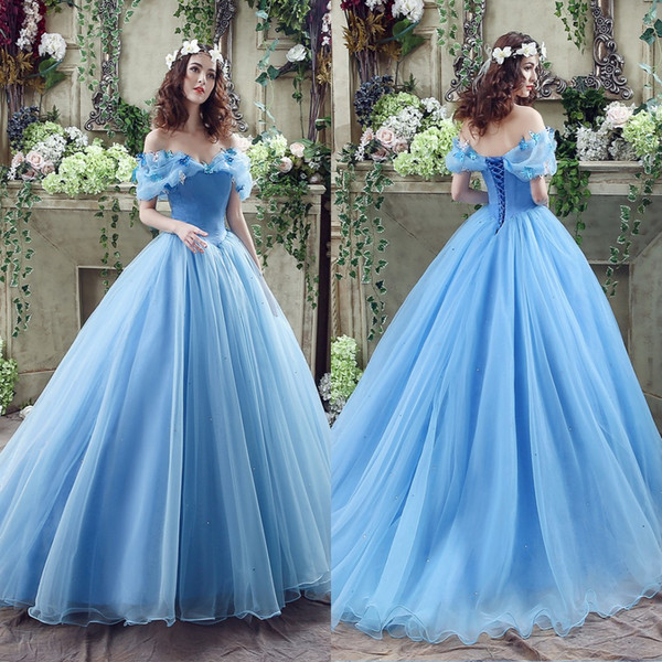 2017 Graceful Blue Ball Gown Wedding Dresses Sexy Off Shoulder with Handmade Butterflies Lace-up Back Floor Length Bridal Gowns CPS239