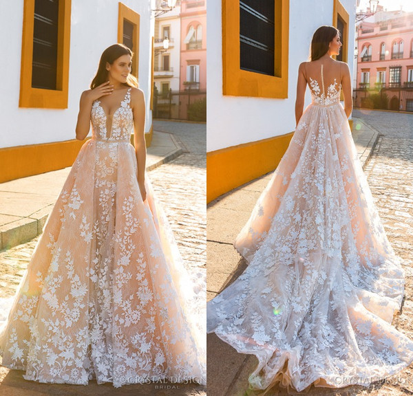 Crystal Design Bridal Sleeveless Straps Deep Plunging Full Embellishment Blush Color A Line Wedding Dresses Sheer Back Royal Train