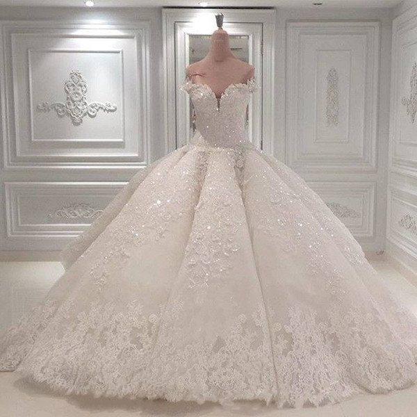 Vestido De Noiva Ball Gown Designer Wedding Dresses 2019 Off The Shoulder Cathedral Train Lace Appliques Bridal Gown For Church Custom Made