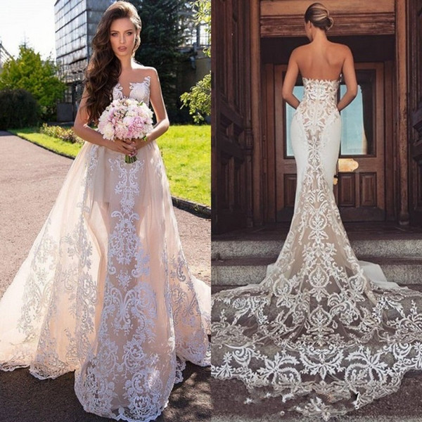 Designer Bateau Mermaid Wedding Dresses Bateau Sleeveless With Removable Train Bridal Gowns Backless 3D Lace Plus Size Wedding Gown