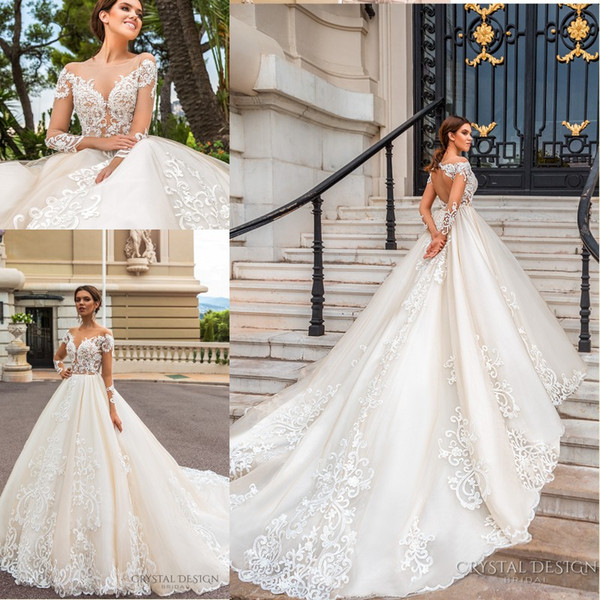 Stunning Designer Wedding Dresses with Sheer Long Sleeves Illusion Neckline Full Lace Appliqued Keyhole Back Court Train Bridal Gowns