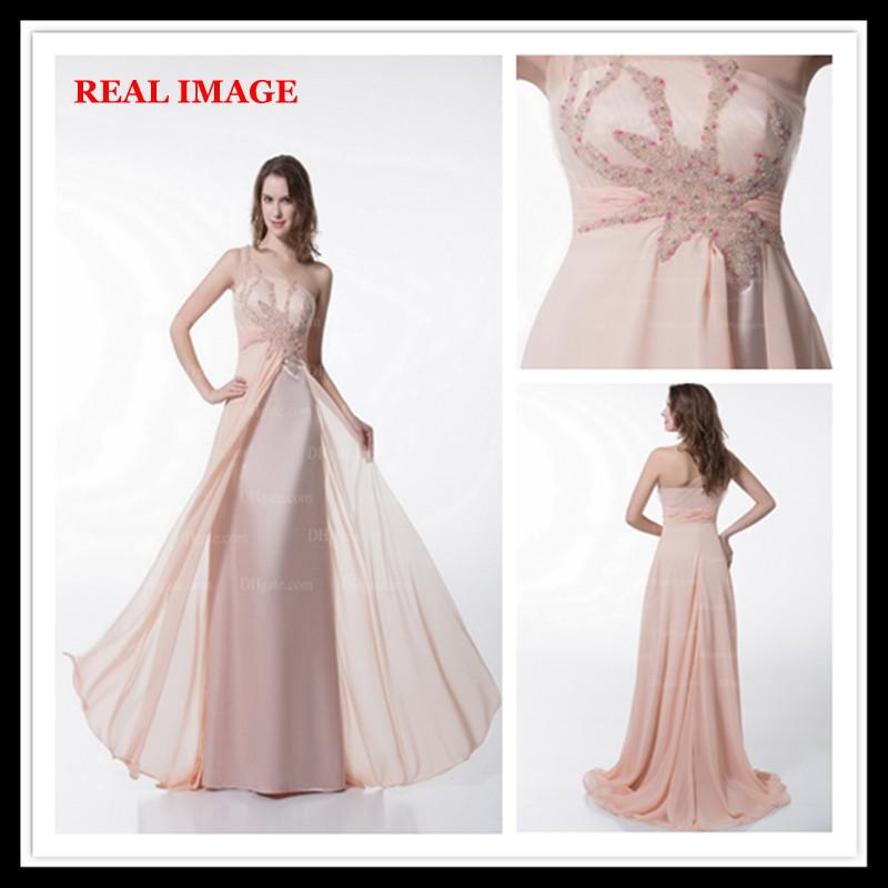 2015 A Line One Shoulder Pink Side Slit Chiffon over Satin Bridal Dresses with Beading Dhyz 01