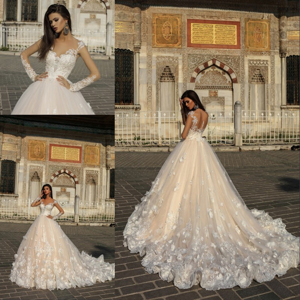 Gorgeous Designer Champagne Wedding Dresses with White 3D Flowers Illusion Sheer Long Sleeves Court Train Arabic Bridal Gowns