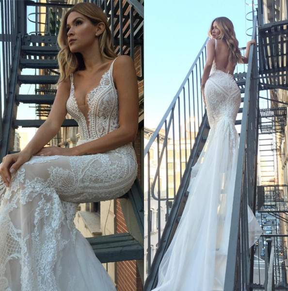 Sexy New Couture Mermaid Wedding Dress V-neck Backless Vestidos De Novia Lace Fitted Bridal Gowns