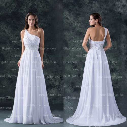 Custom Made 2015 White A-line One Shoulder Floor Length Beads Chiffon Bridal Gown Wedding Dress With Lace Up WD114