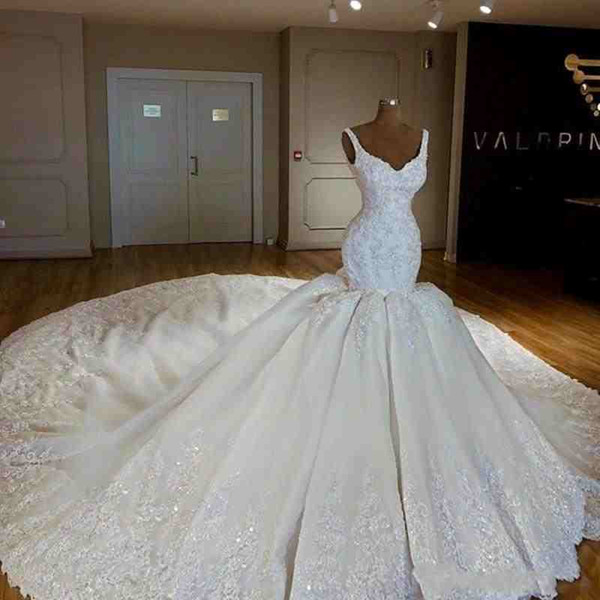 Luxury Dubai Modern Mermaid Wedding Dresses Sequined Lace Appliques Cathedral Train Wedding Dress Bridal Gowns robes de mariée BC0337