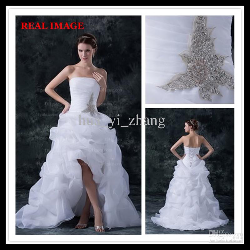 Fashion A Line White Sexy Strapless Wedding Dresses Hi Lo Court Train Pleated Beated Bridal Gowns dhyz 01