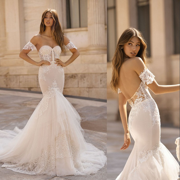 Berta Mermaid Wedding Dresses Sweetheart Lace Appliques Bridal Gowns Sweep Train Sexy Backless Beach vestidos de noiva