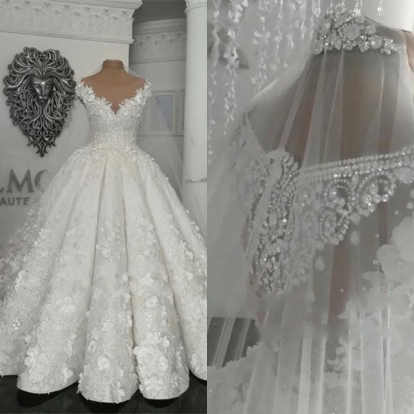 Arabic Dubai Vintage Wedding Dresses Sheer 3D Floral Appliques Beads Plus Size Wedding Dress Princess Ball Gown Vestido De Novia