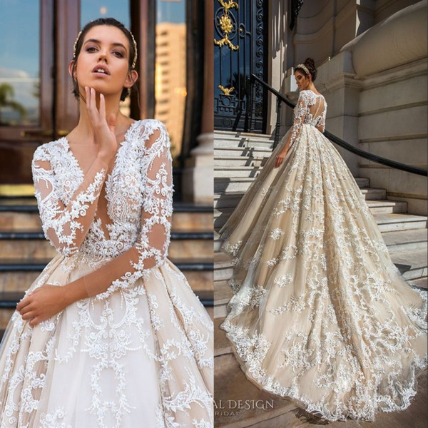 Long Sleeves Lace A-line Wedding Dresses Bridal Gowns With Beading Sequins Lace Appliques Chapel Train Garden Vestidos De Novia