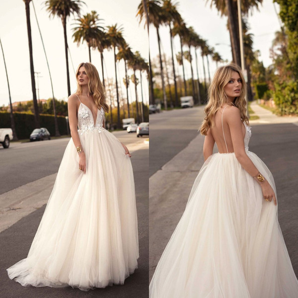 Berta Wedding Dresses Boho Beautiful Spaghetti Straps A-line Sleeveless Lace Appliques Backless Plus Size Wedding Bridal Gowns