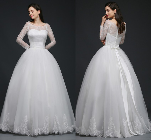 Real Sample Vestido De Noiva princesa Ball Gown Lace Long Sleeve Scoop Neck Wedding Dresses With Bow Wedding Gown For Bride CPS761