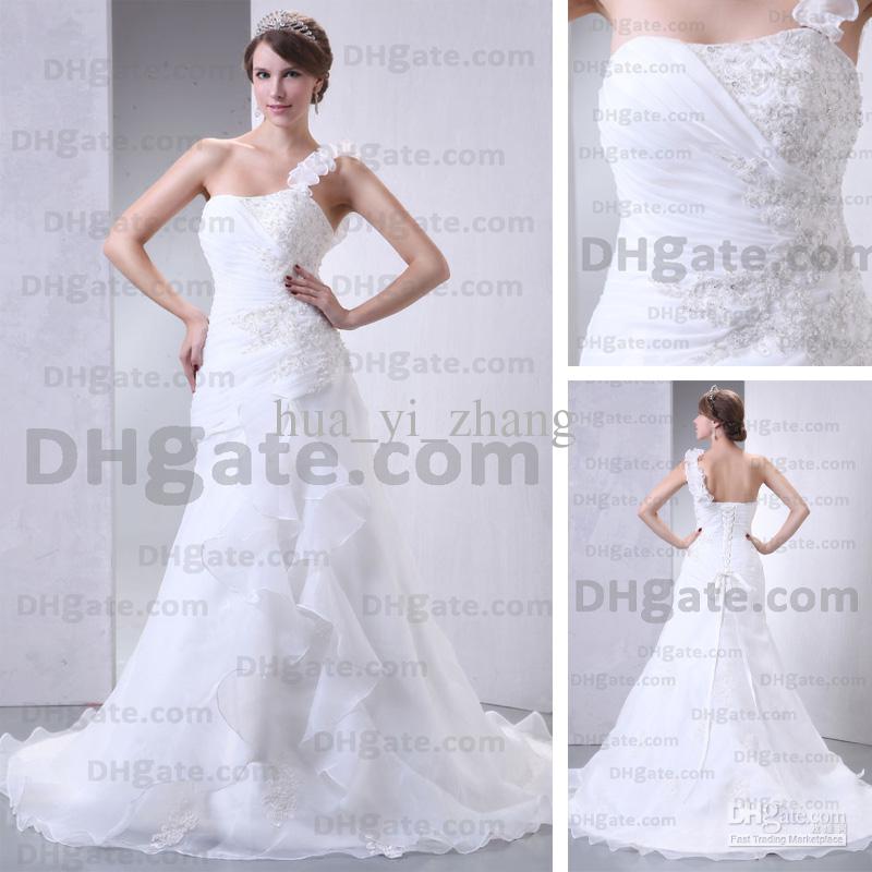 2015 Spring Fashion One Shoulder Wedding Dresses Pleated Corset Appliques Beaded Real Actual Images