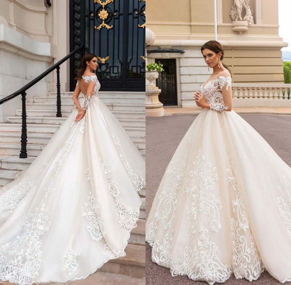 Long Sleeves Ball Gowns Wedding Dresses Modest Sheer Neckline Lace Appliques Bridal Gown Court Train Robe Mariage