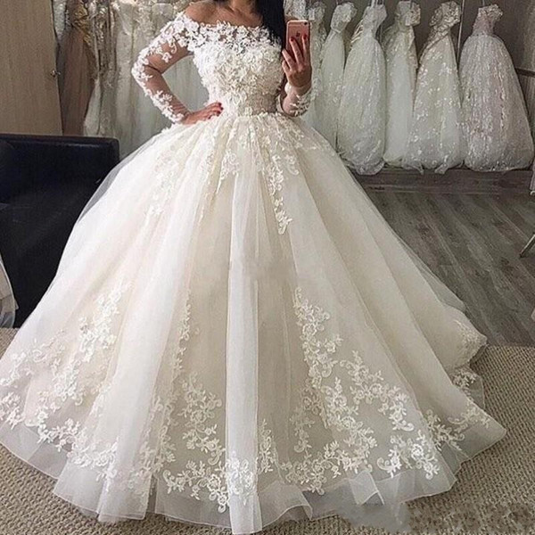 Puffy Ball Gown Designer Wedding Dresses Off Shoulder Illusion Long Sleeves Lace Appliques Organza Plus Size Formal Bridal Gowns