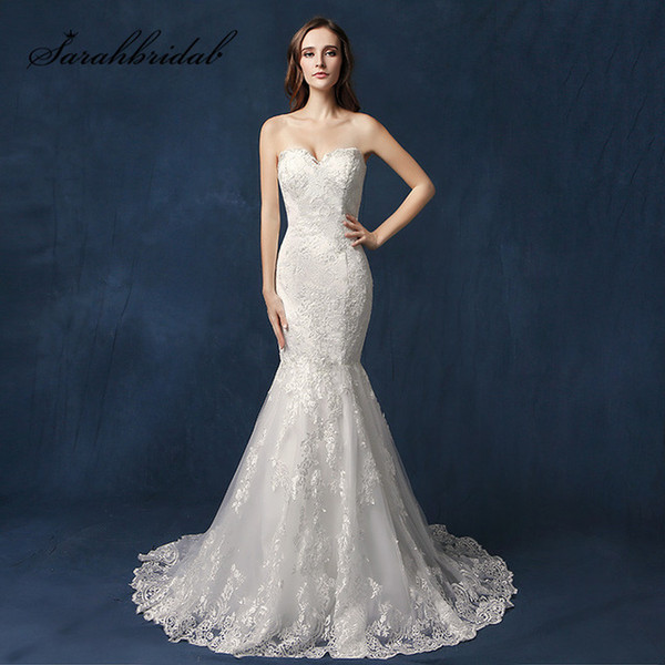 Real Image Simple Lace Wedding Dresses Sexy Low Back Sweetheart Real Photos In Stock Modest Garden Bridal Gowns Sweep Train SW085