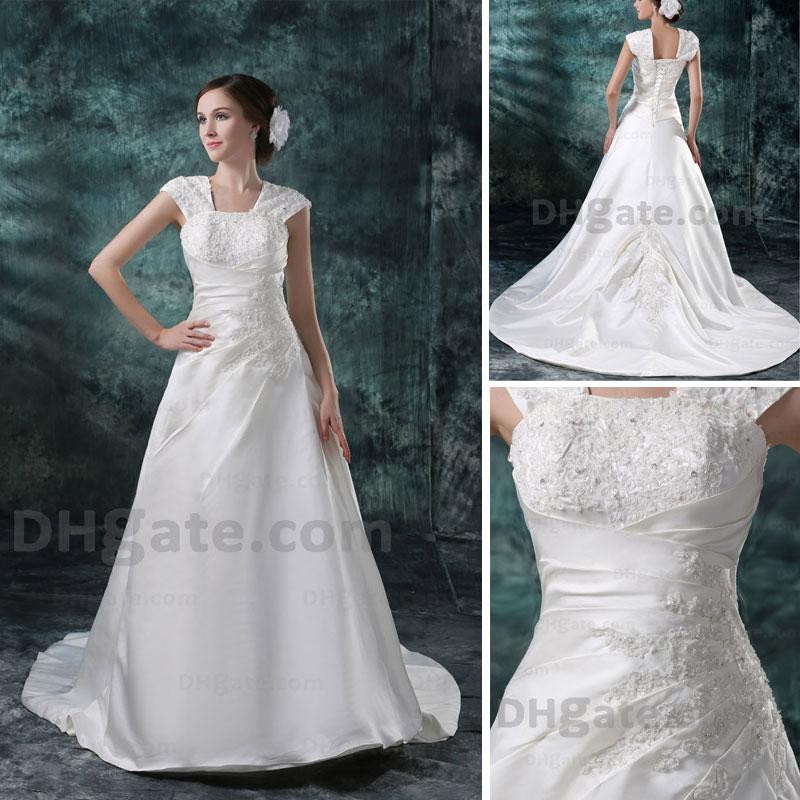 2015 New White A-Line Wedding Dress Appliqued Banding Back Chapel Train Cap Sleeve Real Images dhyz 01