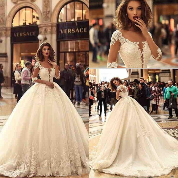 Designer New 1/2 Long Sleeves Tulle Ball Gown Wedding Dresses Tulle Lace Applique Sweep Train Bridal Wedding Gowns