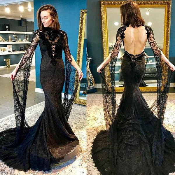 Gothic New Black Lace Mermaid Wedding Dresses High Neck Sexy Open Back Split Sheer Long Sleeves Halloween Masquerade Dress Bridal Gowns