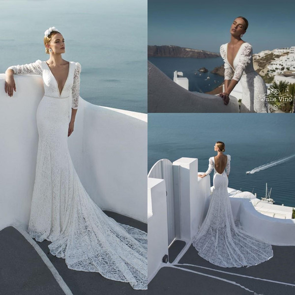 Designer New Beach Long Sleeves Lace Sheath Wedding Dresses Plunging V Neck Beaded Sequined Sexy Backless Bridal Gowns