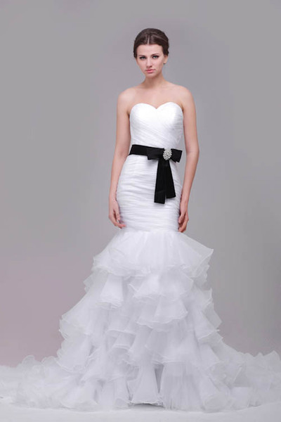 2016 Mermaid Wedding Dresses Real Pictures Sweetheart Pleats Tiered Ruffle Organza Skirt with Black Beaded Belt Bridal Gowns