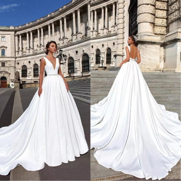 Designer Backless Wedding Dresses Cheap Elegant Deep V Neck Sweep Train Satin Wedding Dress with Beaded Sash Custom Made BA8977