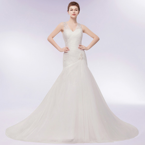 Sexy V-neck Spaghetti Sleeveless Mermaid Wedding Dresses With Beading Crystals Tulle Ruffles Wedding Bridal Gowns cps942