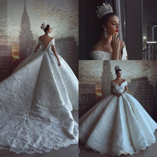 Gorgeous Ball Gown Plus Size Wedding Dresses Off the Shoulder Beaded Crystal Full Lace Court Train Bridal Gowns