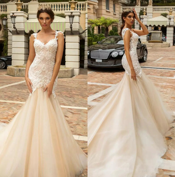 New Arrival Designer Mermaid Wedding Dresses Sexy See Through Back Vestido De Novia Light Champagne Lace Wedding Dresses