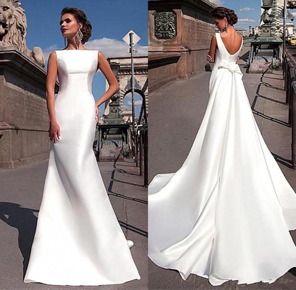 Plus Size White Satin Wedding Dresses Cheap With Long Train Backless vestidos de novia Draped Bridal Gowns BA6691