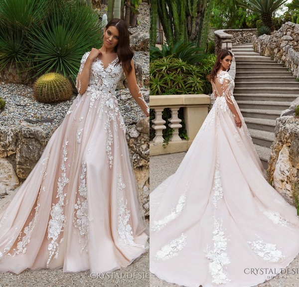 Stunning Designer A Line Wedding Dresses Illusion Neckline Sheer Long Sleeves Full Embroidery Court Train Bridal Gowns