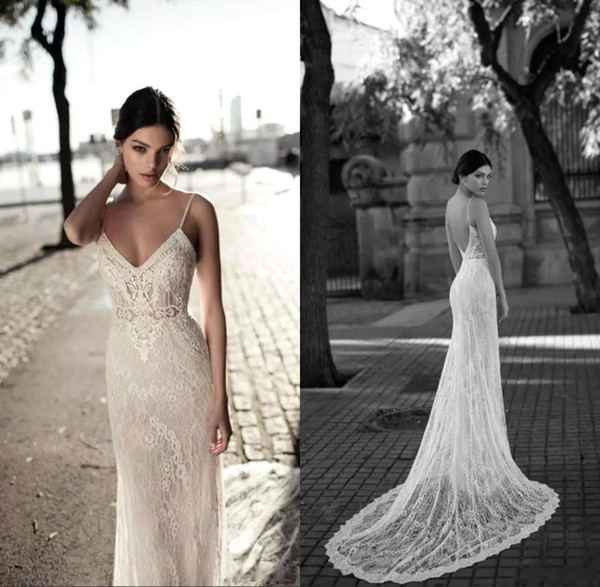 Lace Mermaid Backless Wedding Dresses Spaghetti Straps V-Neck Court Train Illusion Bodice Bridal Gown robe de mariée