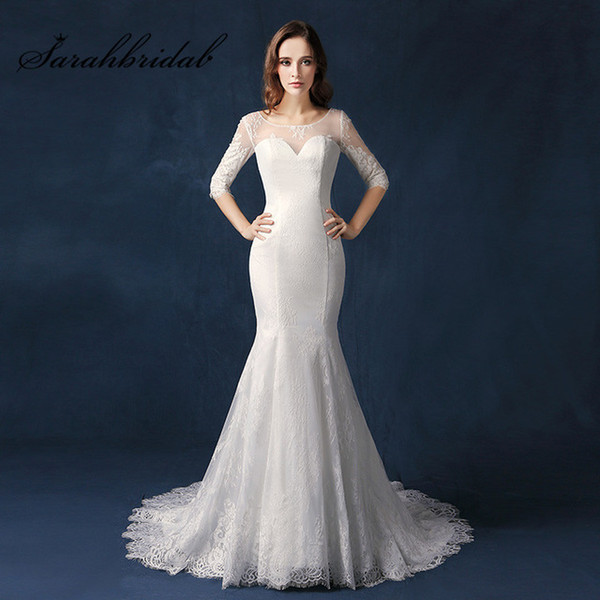 Real Image Classic Mermaid Wedding Dresses Fall Winter Elegant Half Illusion Sleeve Lace O-neck Floor Length Button Bridal Gowns SW093