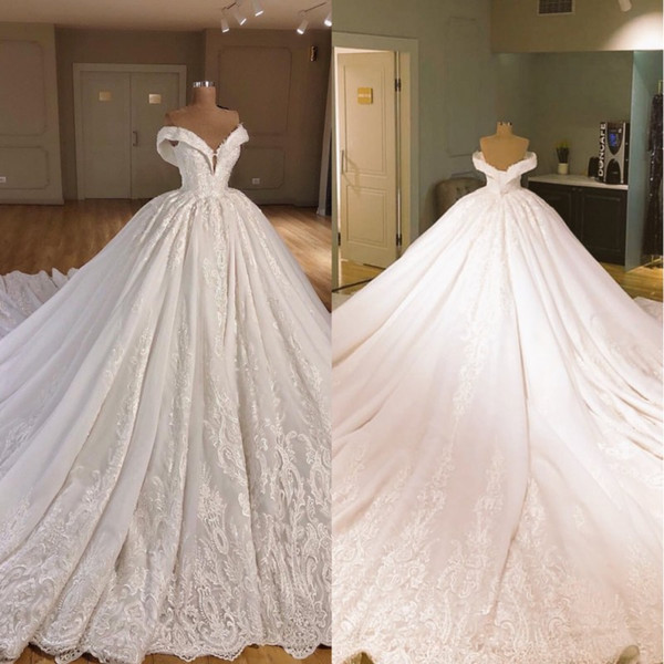 New Arrival Luxurious A Line Embroidery Lace Wedding Dresses Off Shoulders Ruffles Lace Applique Cathedral Train Bridal Dress