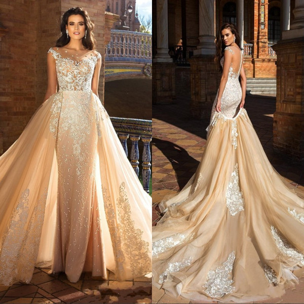 New Designer Champagne Mermaid Wedding Dresses With Detachable Train Sheer Neck Lace Applique Garden Wedding Bridal Gowns Custom Made