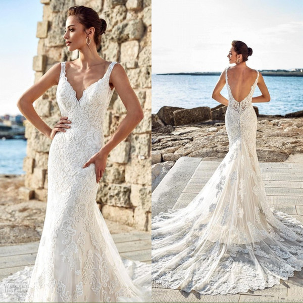 Summer Beach Mermaid Wedding Dresses V Neck Full Lace Chapel Train Wedding Bridal Gowns Custom Made Vestidos De Noiva BC0531