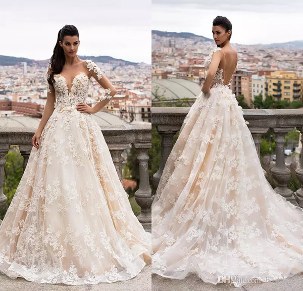 Designer Milla Nova Bridal A-Line Scoop Wedding Dresses Illusion Long Sleeve 3D-Floral Appliques Chapel Train Garden Bridal Gowns