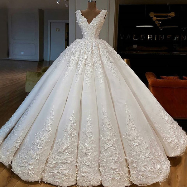 Stunning Ball Gown Wedding Dresses For Church V Neck Appliques Embroidery Beaded Sequins Long Train Bridal Gowns Formal